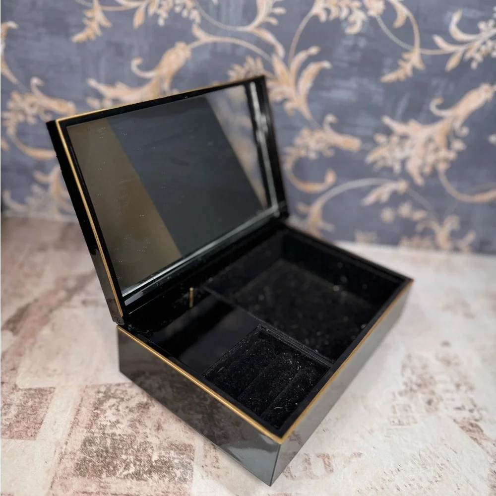 Vintage Black Lacquer Music Box Floral Inlay Jewelry Box Mirror Lid